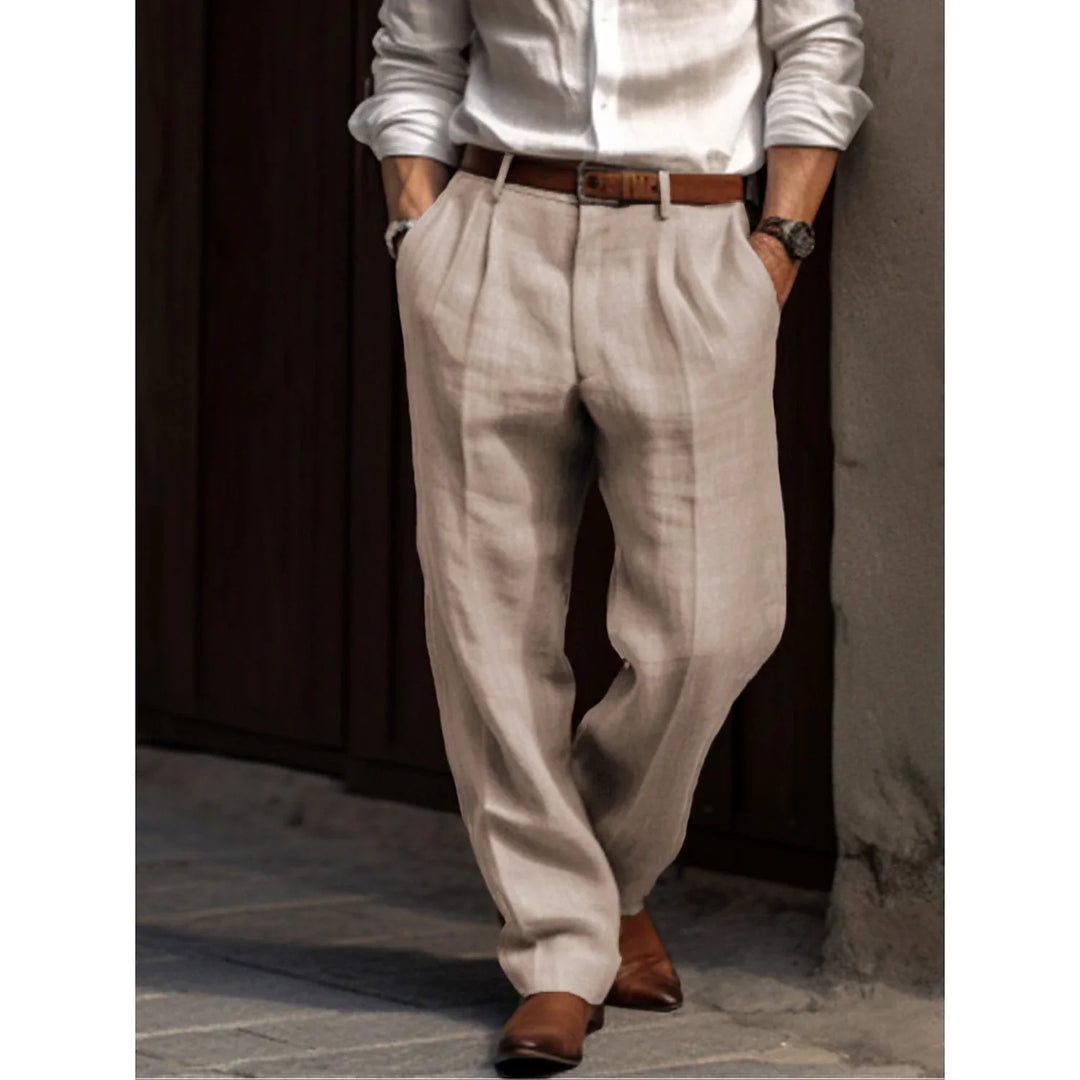"Elegante plissierte Herren Leinenhose in verschiedenen Farben, atmungsaktiv und stilvoll für jeden Anlass geeignet."