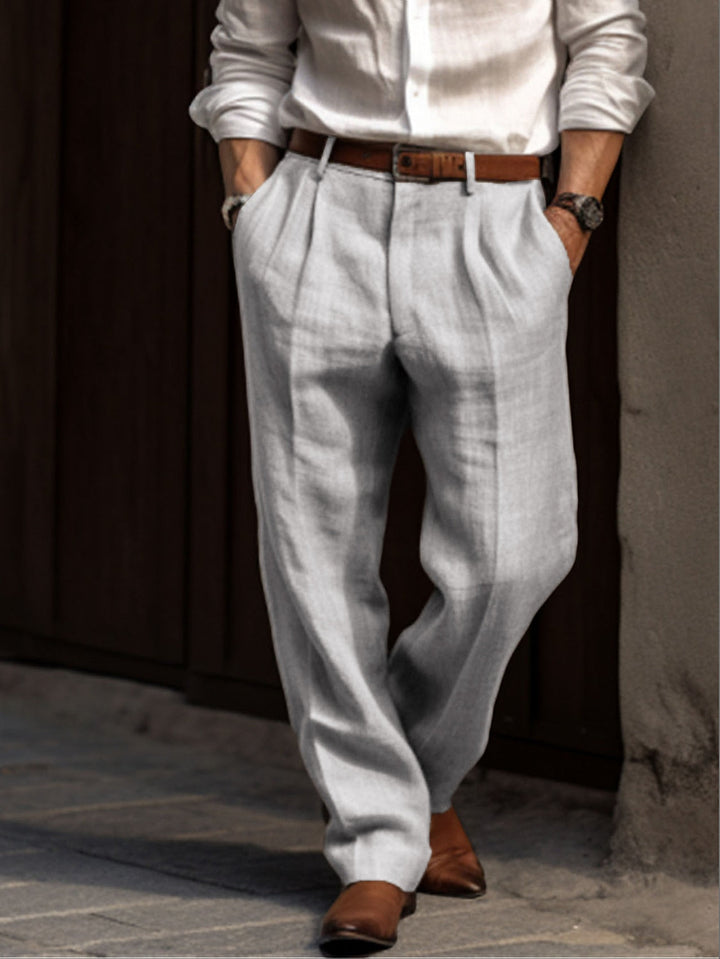 "Elegante plissierte Herren Leinenhose in verschiedenen Farben, atmungsaktiv und stilvoll für jeden Anlass geeignet."