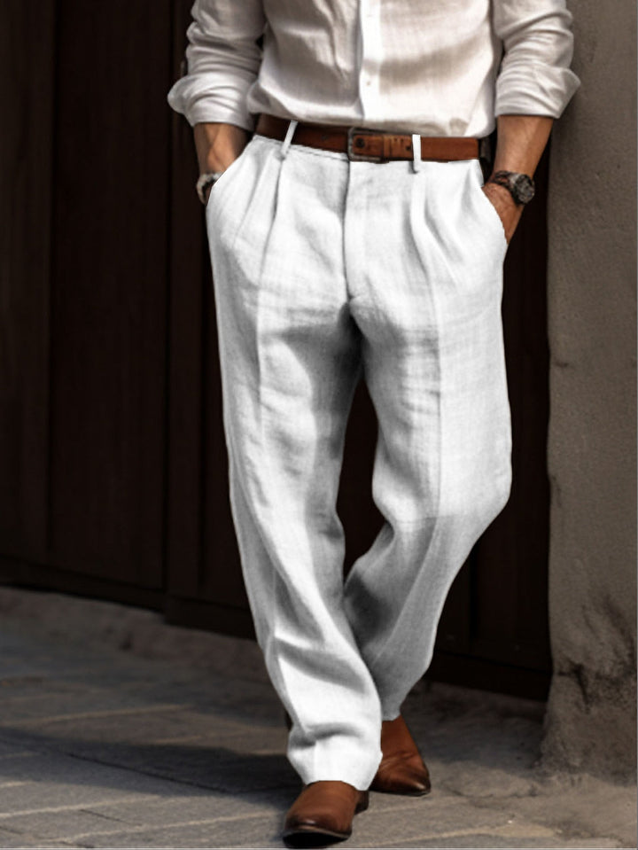"Elegante plissierte Herren Leinenhose in verschiedenen Farben, atmungsaktiv und stilvoll für jeden Anlass geeignet."