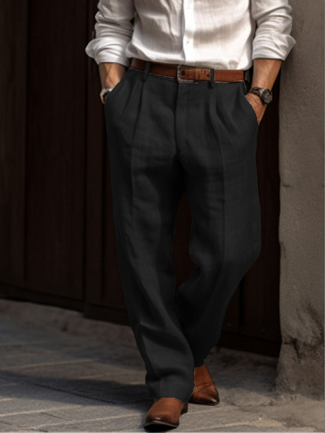 "Elegante plissierte Herren Leinenhose in verschiedenen Farben, atmungsaktiv und stilvoll für jeden Anlass geeignet."