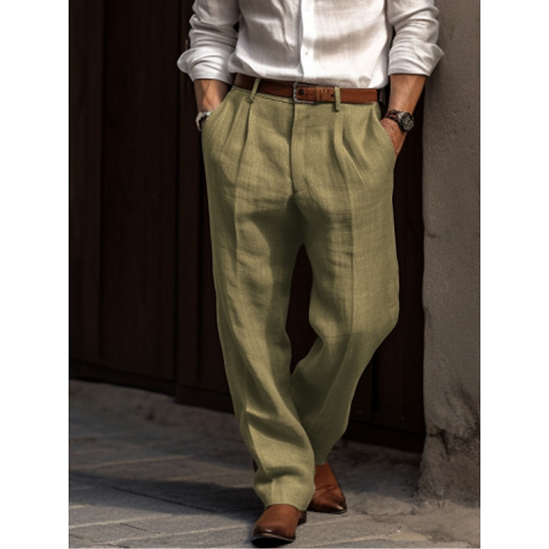 "Elegante plissierte Herren Leinenhose in verschiedenen Farben, atmungsaktiv und stilvoll für jeden Anlass geeignet."