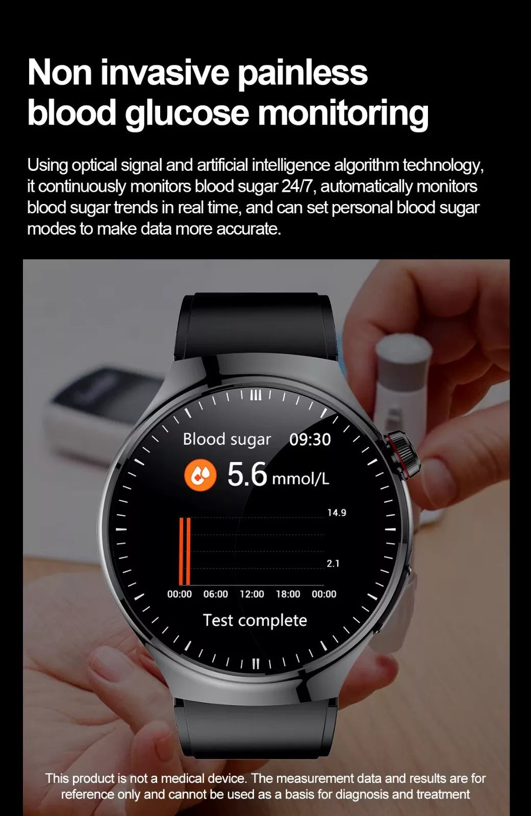 "Elegante Smartwatch mit Glukoseüberwachung, multifunktional und wasserdicht für aktive Gesundheitsüberwachung am Handgelenk.
