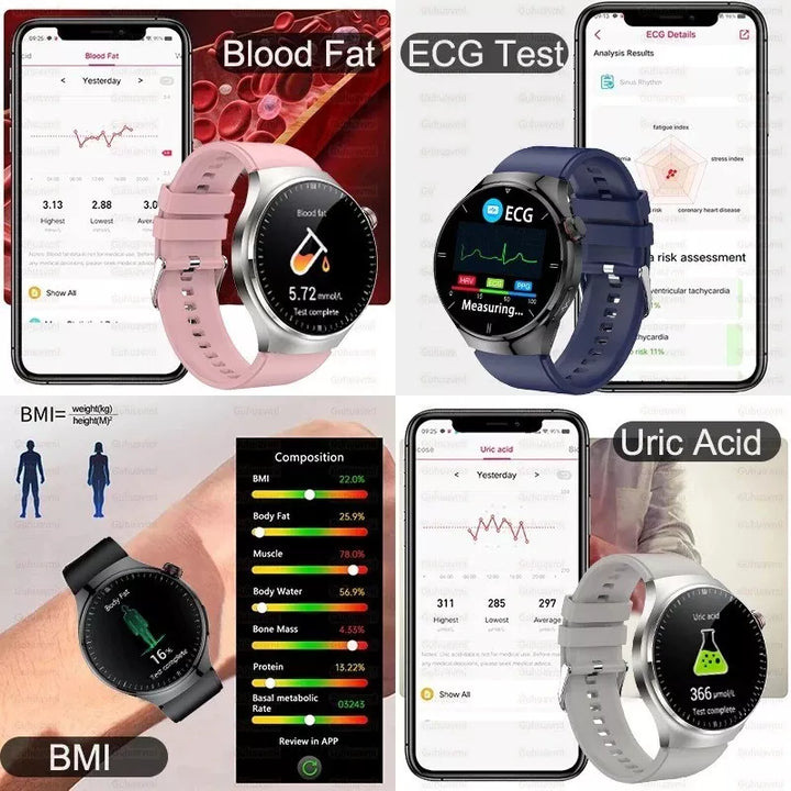 "Elegante Smartwatch mit Glukoseüberwachung, multifunktional und wasserdicht für aktive Gesundheitsüberwachung am Handgelenk.