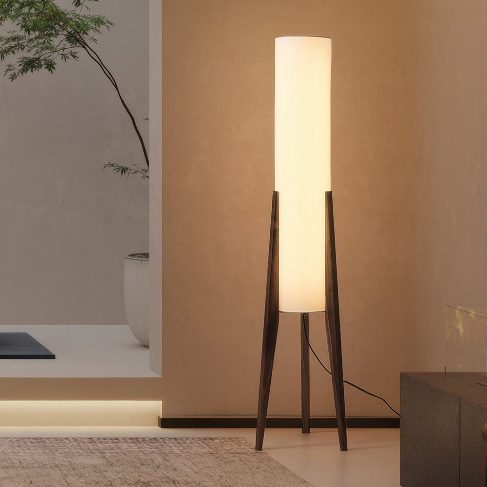 "Elegante Walnuss Stehlampe aus Massivholz mit LED und Stoffschirm, modernes Design, warmes und dreifarbiges Licht"