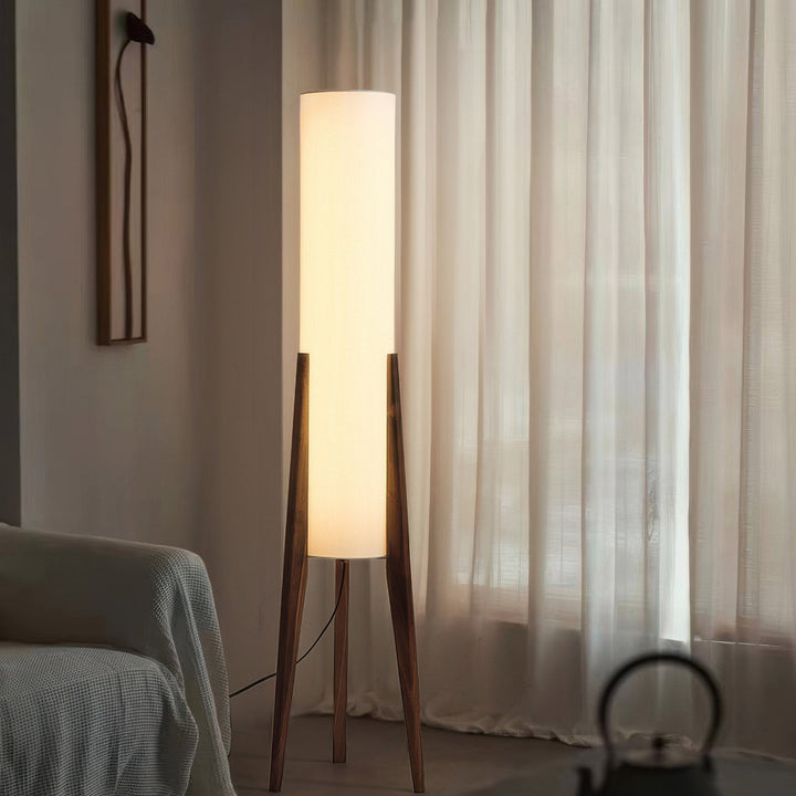 "Elegante Walnuss Stehlampe aus Massivholz mit LED und Stoffschirm, modernes Design, warmes und dreifarbiges Licht"