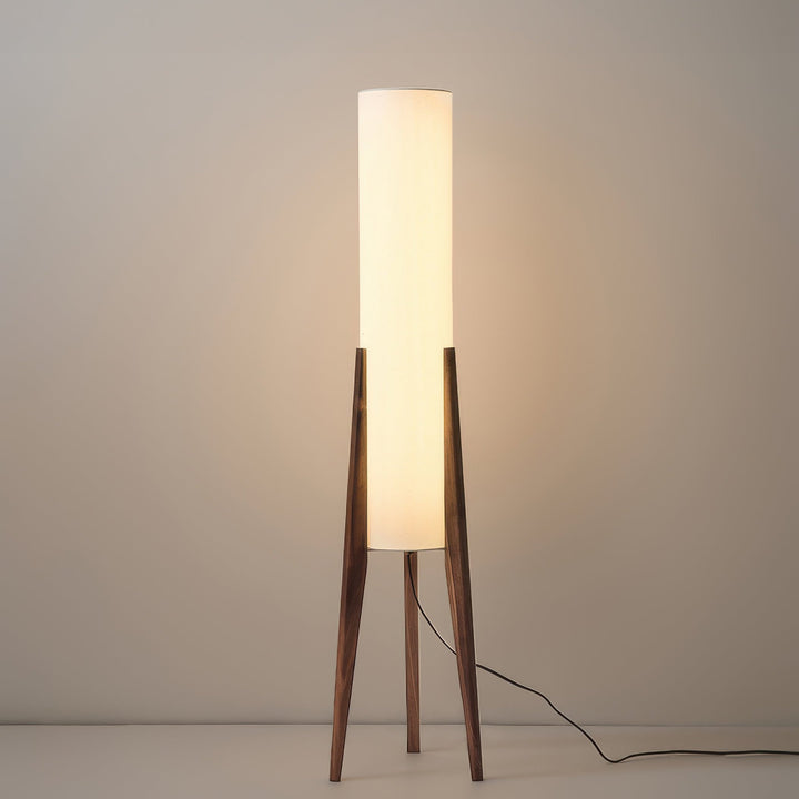 "Elegante Walnuss Stehlampe aus Massivholz mit LED und Stoffschirm, modernes Design, warmes und dreifarbiges Licht"
