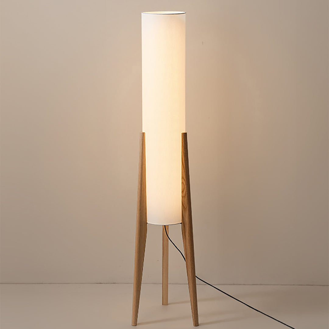 "Elegante Walnuss Stehlampe aus Massivholz mit LED und Stoffschirm, modernes Design, warmes und dreifarbiges Licht"