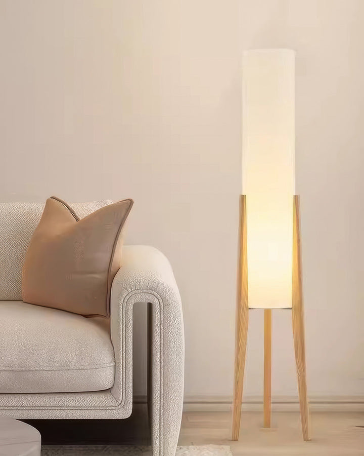 "Elegante Walnuss Stehlampe aus Massivholz mit LED und Stoffschirm, modernes Design, warmes und dreifarbiges Licht"