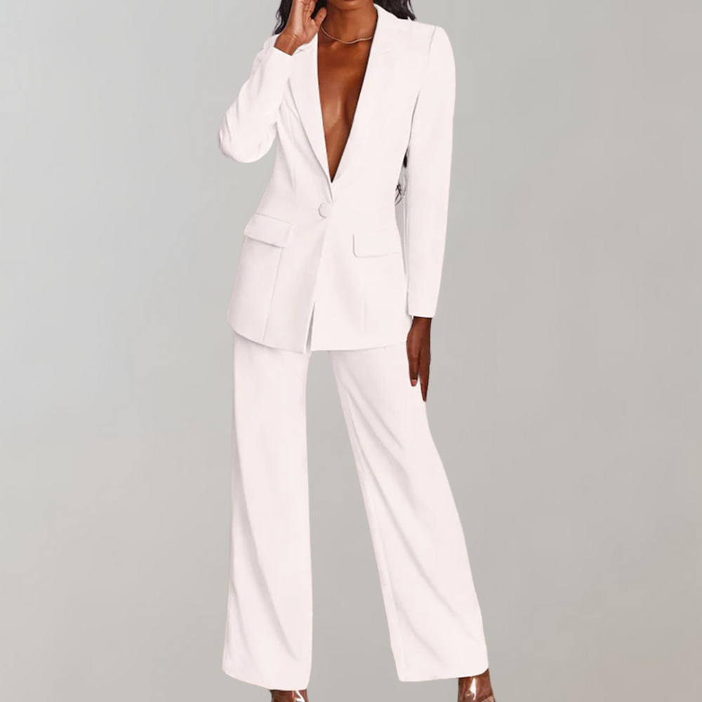 Weiße Damenanzug-Set, eleganter Blazer und Hose, formelle Kleidung, Business-Look.