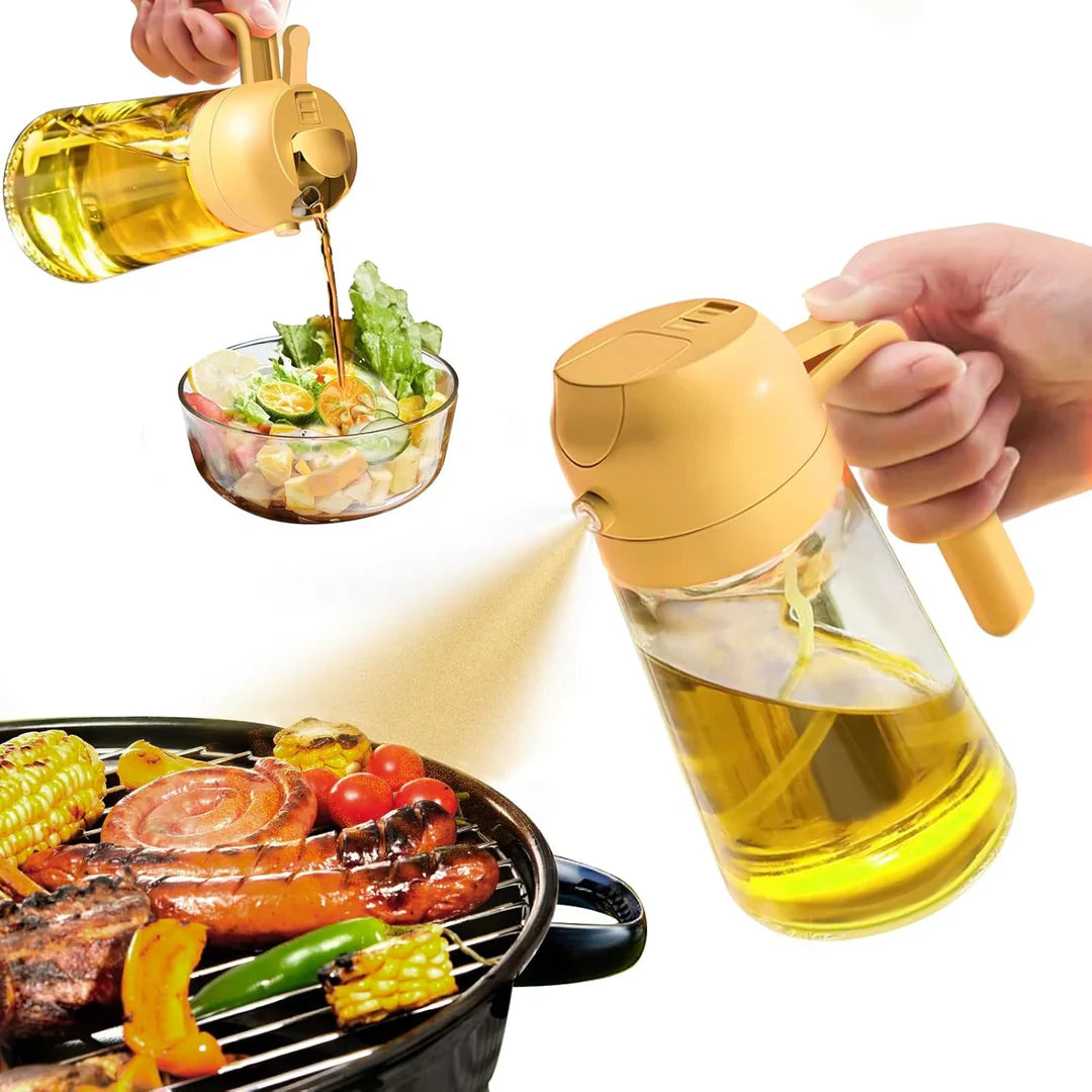 "Eleganter 2-in-1 Olivenölsprüher aus Glas zum Sprühen und Gießen, ideal für präzise Dosierung in der Küche."