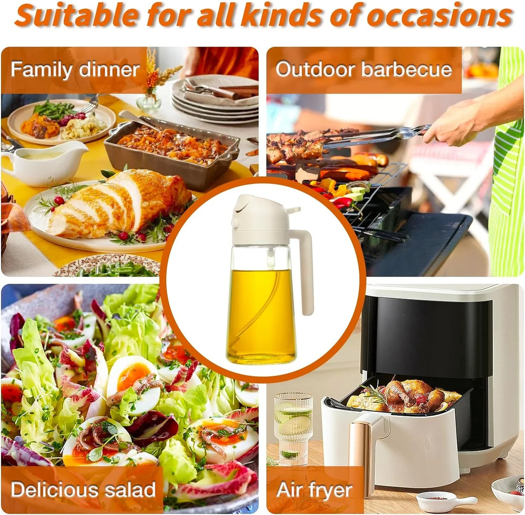 "Eleganter 2-in-1 Olivenölsprüher aus Glas zum Sprühen und Gießen, ideal für präzise Dosierung in der Küche."