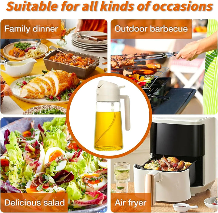 "Eleganter 2-in-1 Olivenölsprüher aus Glas zum Sprühen und Gießen, ideal für präzise Dosierung in der Küche."