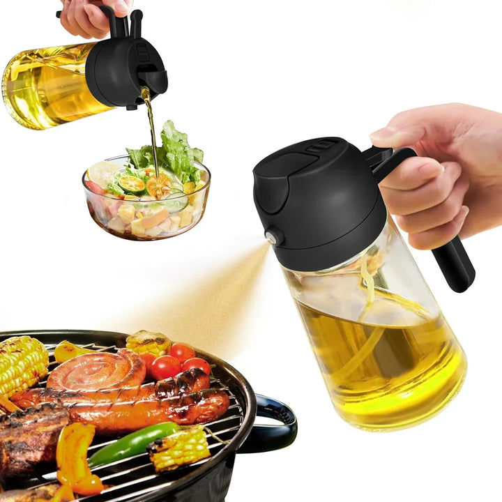 "Eleganter 2-in-1 Olivenölsprüher aus Glas zum Sprühen und Gießen, ideal für präzise Dosierung in der Küche."