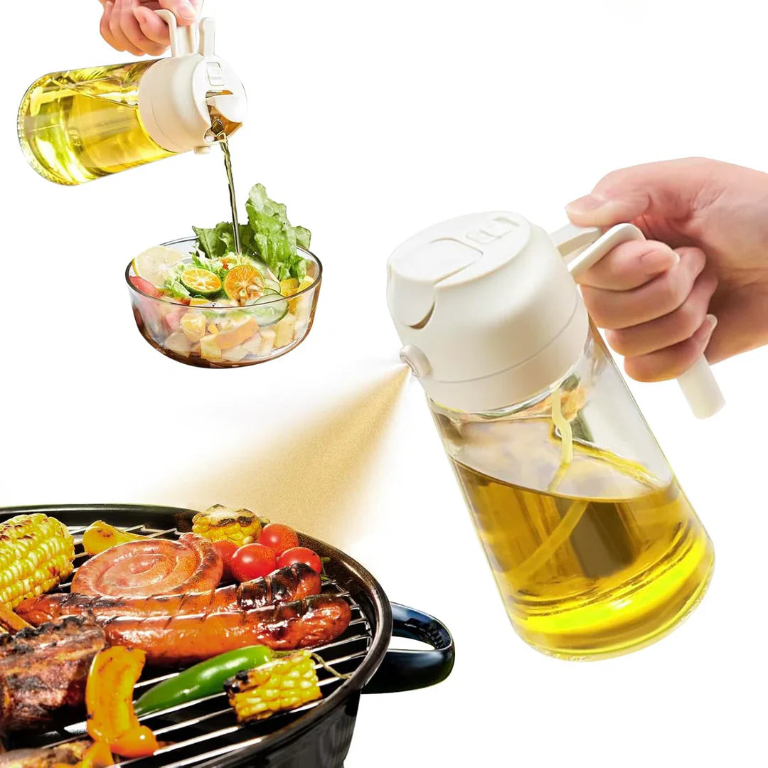 "Eleganter 2-in-1 Olivenölsprüher aus Glas zum Sprühen und Gießen, ideal für präzise Dosierung in der Küche."