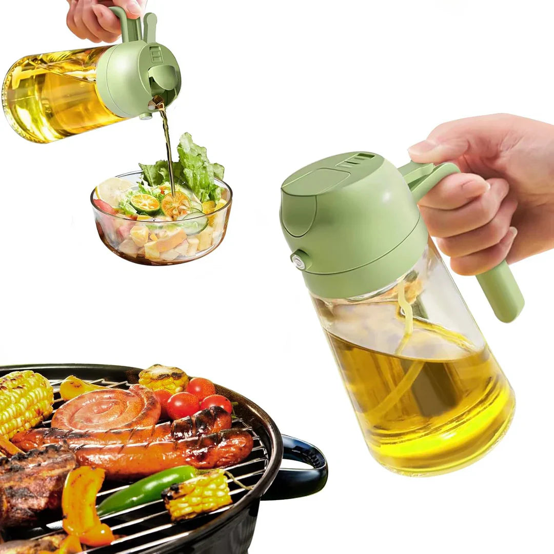 "Eleganter 2-in-1 Olivenölsprüher aus Glas zum Sprühen und Gießen, ideal für präzise Dosierung in der Küche."