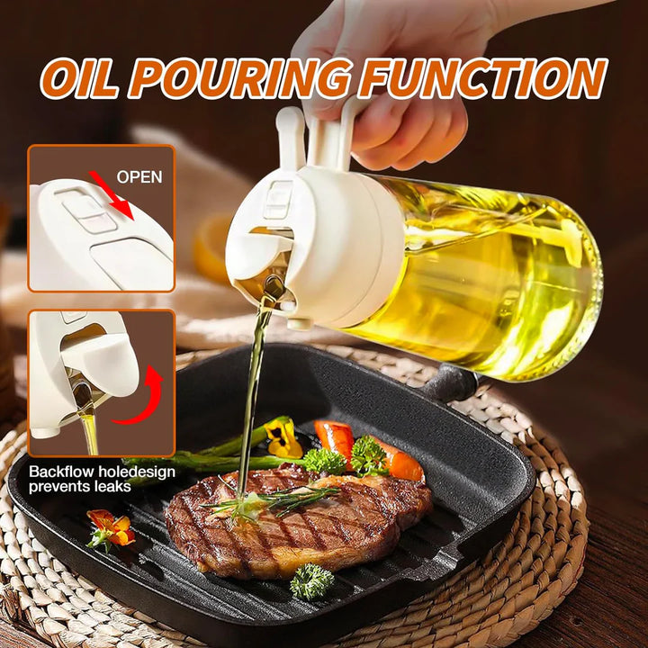 "Eleganter 2-in-1 Olivenölsprüher aus Glas zum Sprühen und Gießen, ideal für präzise Dosierung in der Küche."