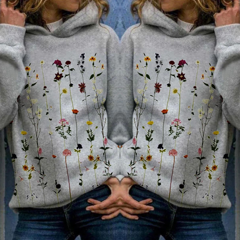 "Eleganter Damen Hoodie mit floralem Muster, Kapuze und bequemem Schnitt, ideal für modische Freizeitoutfits."