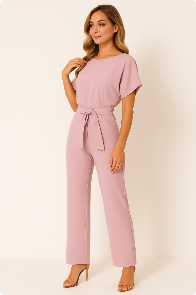 Eleganter Damen-Jumpsuit mit verstellbarem Krawatten-Gürtel und fließendem Stoff für stilvolle Anlässe und Freizeit.