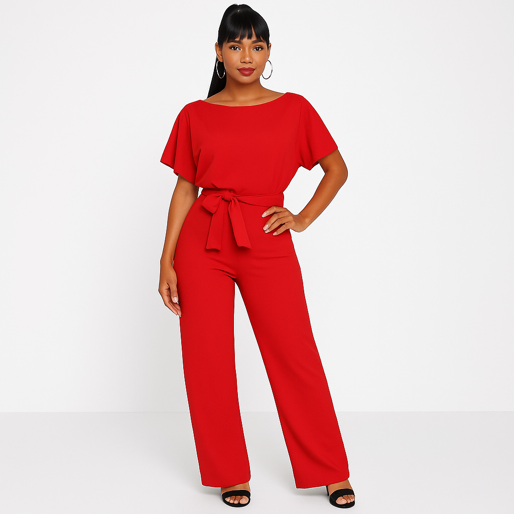 Eleganter Damen-Jumpsuit mit verstellbarem Krawatten-Gürtel und fließendem Stoff für stilvolle Anlässe und Freizeit.