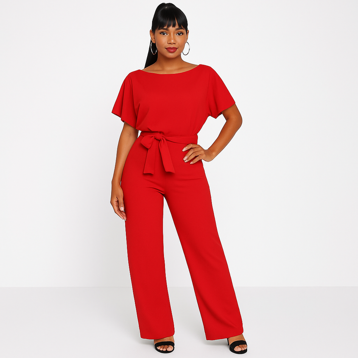 Eleganter Damen-Jumpsuit mit verstellbarem Krawatten-Gürtel und fließendem Stoff für stilvolle Anlässe und Freizeit.