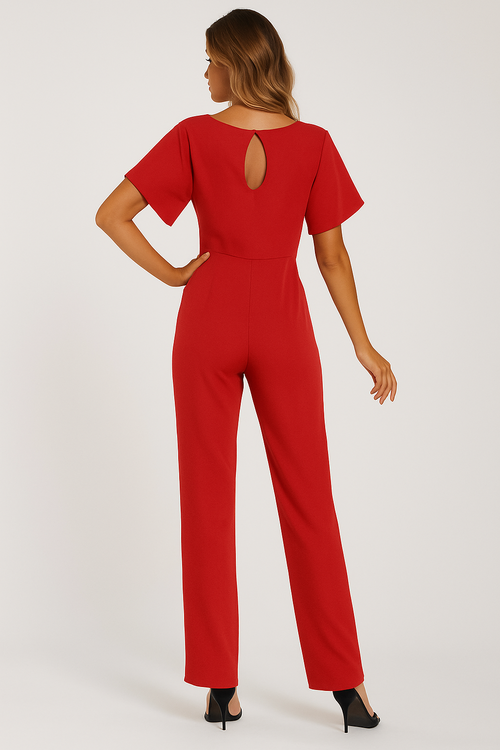 Eleganter Damen-Jumpsuit mit verstellbarem Krawatten-Gürtel und fließendem Stoff für stilvolle Anlässe und Freizeit.