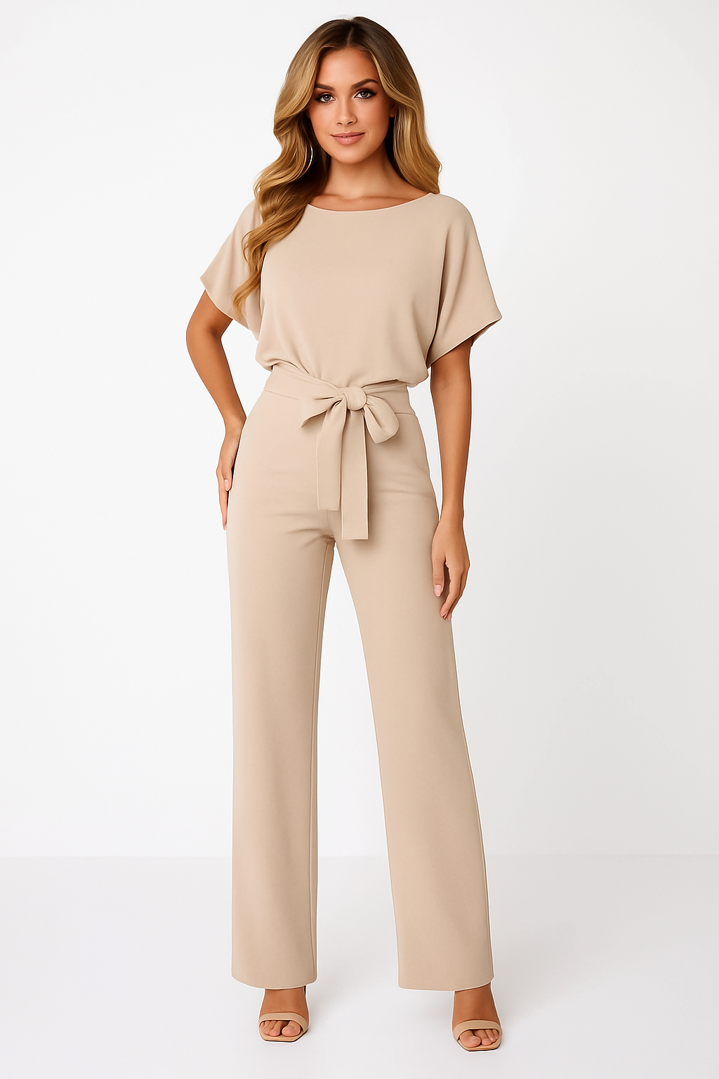 Eleganter Damen-Jumpsuit mit verstellbarem Krawatten-Gürtel und fließendem Stoff für stilvolle Anlässe und Freizeit.