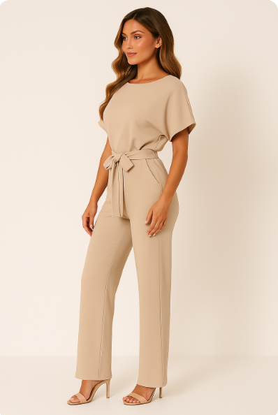 Eleganter Damen-Jumpsuit mit verstellbarem Krawatten-Gürtel und fließendem Stoff für stilvolle Anlässe und Freizeit.