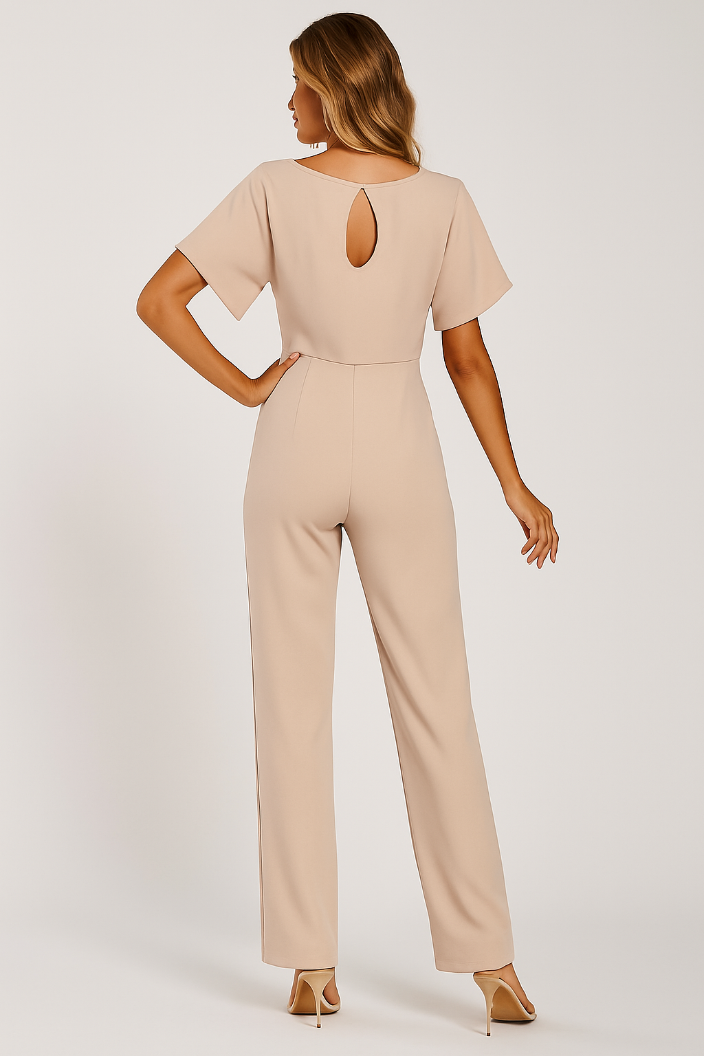 Eleganter Damen-Jumpsuit mit verstellbarem Krawatten-Gürtel und fließendem Stoff für stilvolle Anlässe und Freizeit.