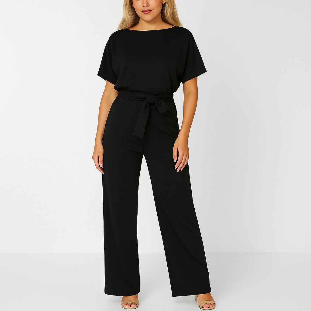 Eleganter Damen-Jumpsuit mit verstellbarem Krawatten-Gürtel und fließendem Stoff für stilvolle Anlässe und Freizeit.