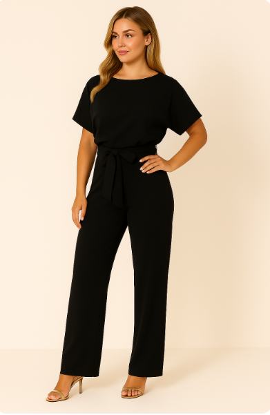 Eleganter Damen-Jumpsuit mit verstellbarem Krawatten-Gürtel und fließendem Stoff für stilvolle Anlässe und Freizeit.