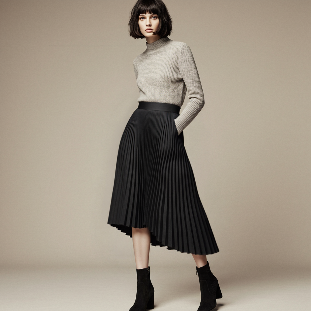 "Eleganter Damen Plisseerock mit hoher Taille, kunstvolle Plisseefalten, erhältlich in Beige, Blau, Dunkelgrau, Schwarz."