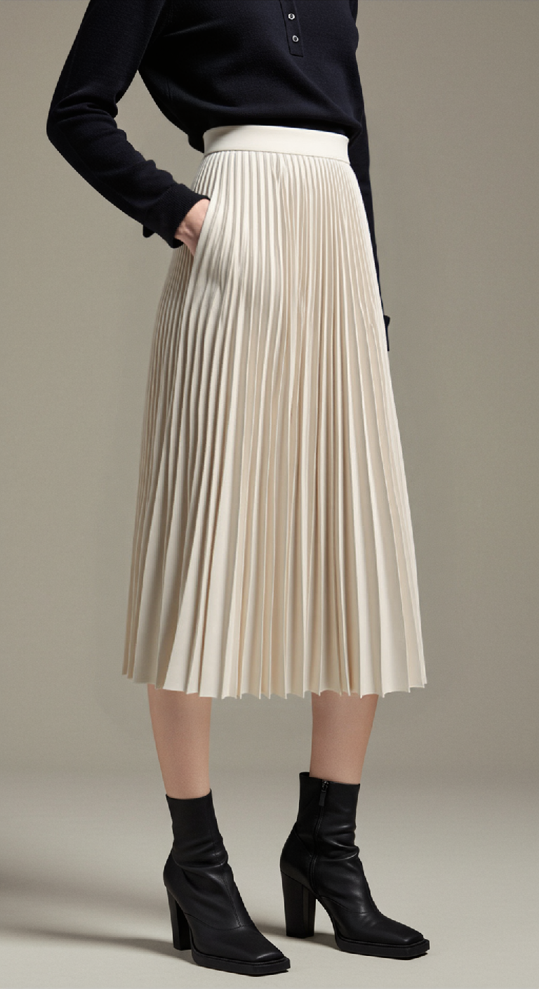 "Eleganter Damen Plisseerock mit hoher Taille, kunstvolle Plisseefalten, erhältlich in Beige, Blau, Dunkelgrau, Schwarz."