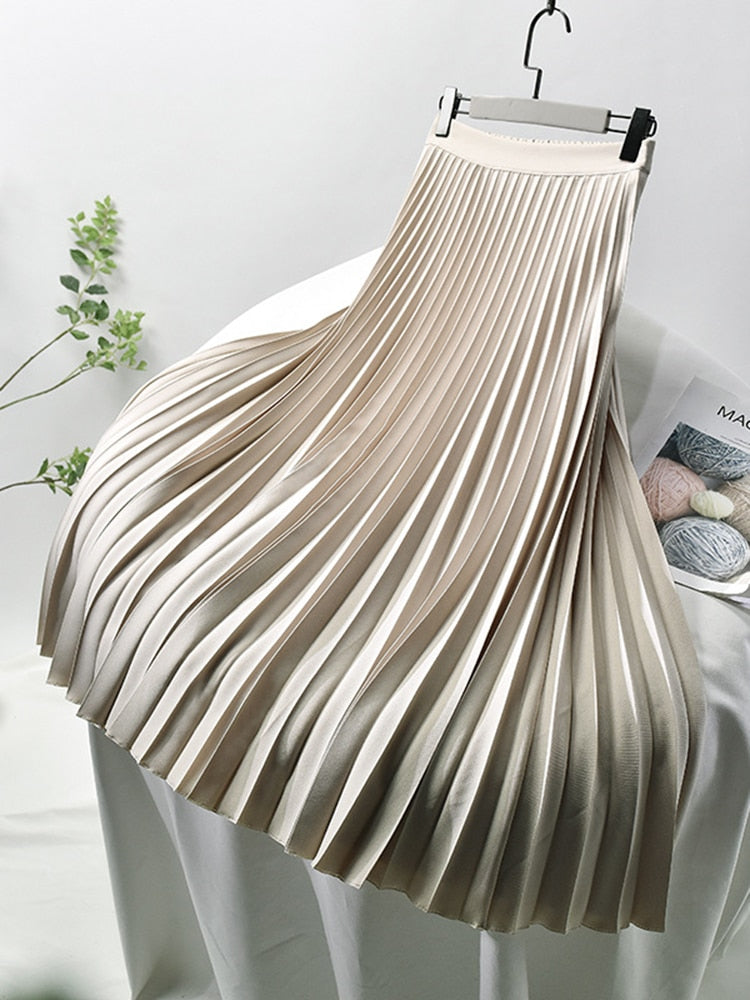 "Eleganter Damen Plisseerock mit hoher Taille, kunstvolle Plisseefalten, erhältlich in Beige, Blau, Dunkelgrau, Schwarz."