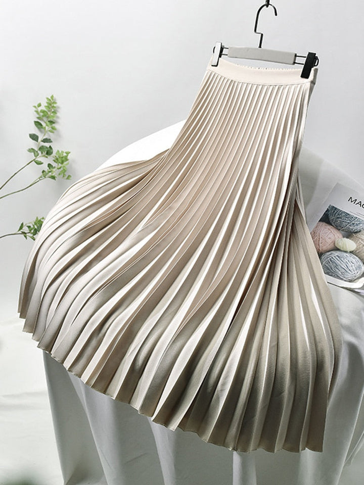 "Eleganter Damen Plisseerock mit hoher Taille, kunstvolle Plisseefalten, erhältlich in Beige, Blau, Dunkelgrau, Schwarz."