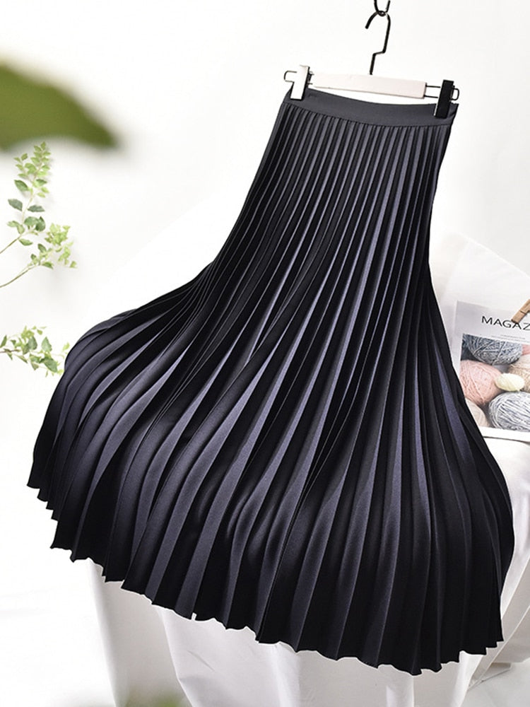 "Eleganter Damen Plisseerock mit hoher Taille, kunstvolle Plisseefalten, erhältlich in Beige, Blau, Dunkelgrau, Schwarz."