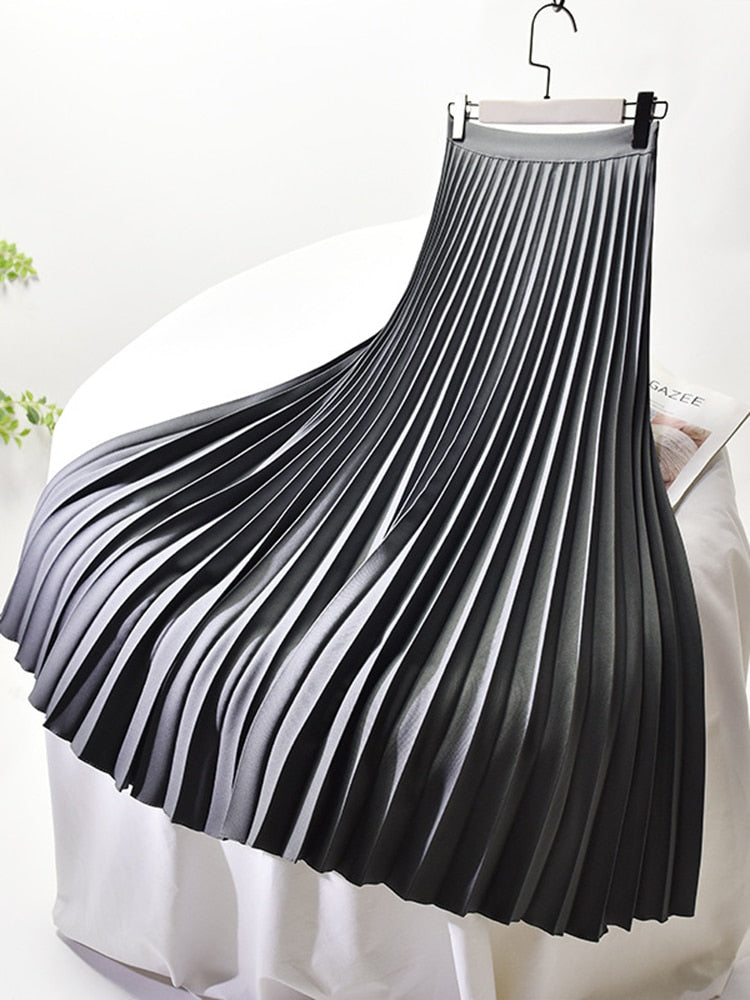 "Eleganter Damen Plisseerock mit hoher Taille, kunstvolle Plisseefalten, erhältlich in Beige, Blau, Dunkelgrau, Schwarz."