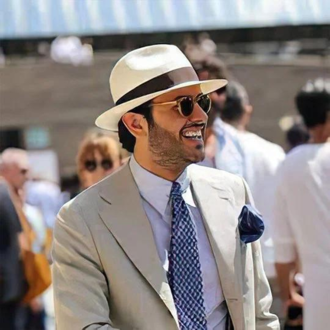 "Eleganter, handgefertigter Herren Panama Sonnenhut in Beige, atmungsaktiv mit breitem Rand für stilvollen Sonnenschutz."