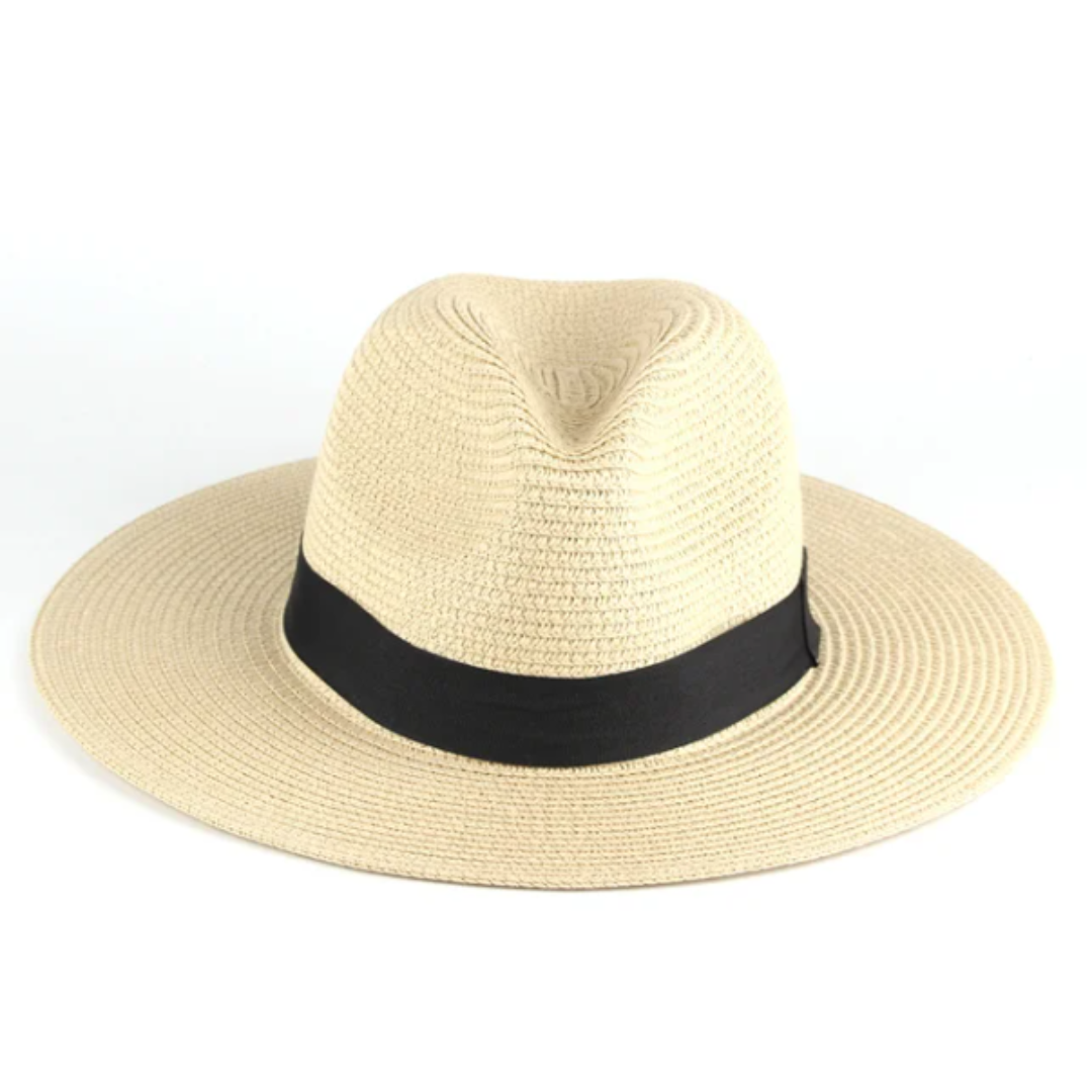 "Eleganter, handgefertigter Herren Panama Sonnenhut in Beige, atmungsaktiv mit breitem Rand für stilvollen Sonnenschutz."