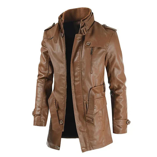"Eleganter Herren Ledermantel in zeitlosem Design, aus hochwertigem Leder, vielseitig für verschiedene Anlässe geeignet."
