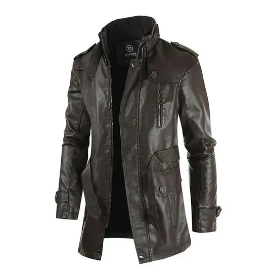 "Eleganter Herren Ledermantel in zeitlosem Design, aus hochwertigem Leder, vielseitig für verschiedene Anlässe geeignet."