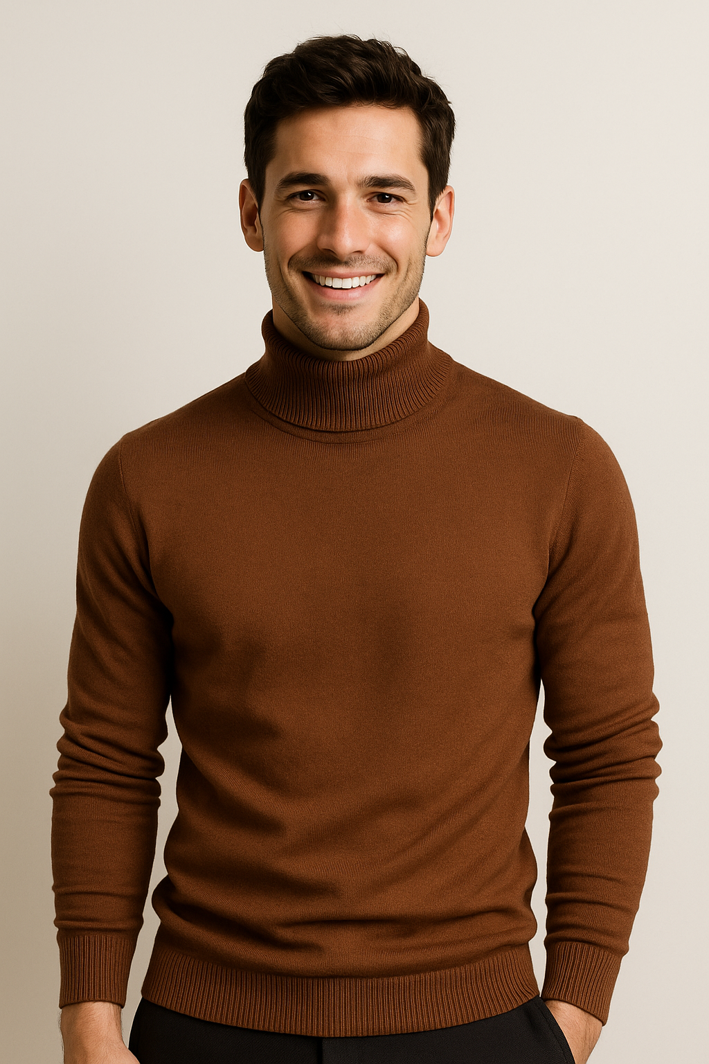 Eleganter Herren-Rollkragenpullover aus Feinstrick, weiches Material, schmale Passform, modisch für kühle Tage geeignet.