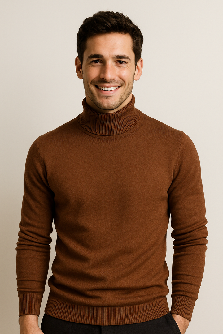 Eleganter Herren-Rollkragenpullover aus Feinstrick, weiches Material, schmale Passform, modisch für kühle Tage geeignet.
