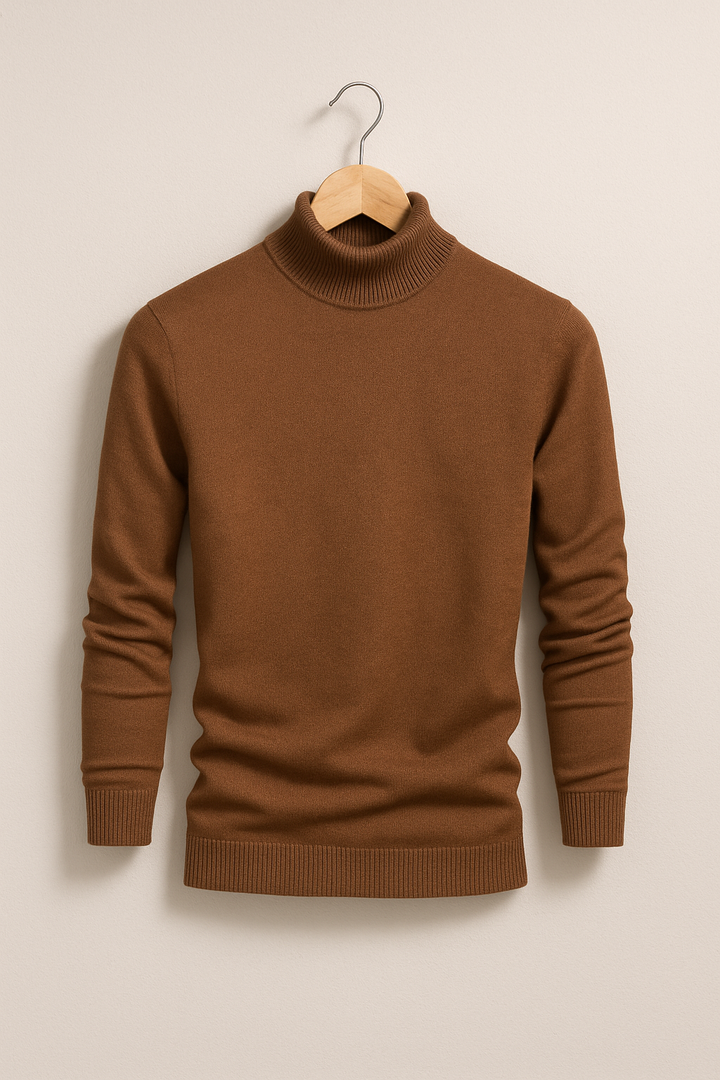 Eleganter Herren-Rollkragenpullover aus Feinstrick, weiches Material, schmale Passform, modisch für kühle Tage geeignet.