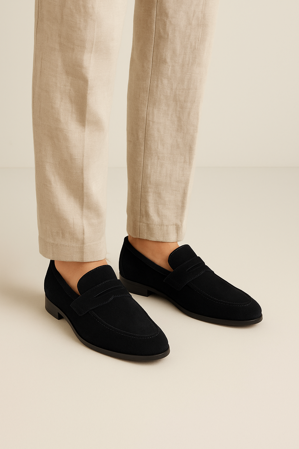 "Eleganter Herren Wildleder-Loafer in Braun, mit flacher Sohle und Penny-Detail, Seitenansicht für stilvolle Auftritte."