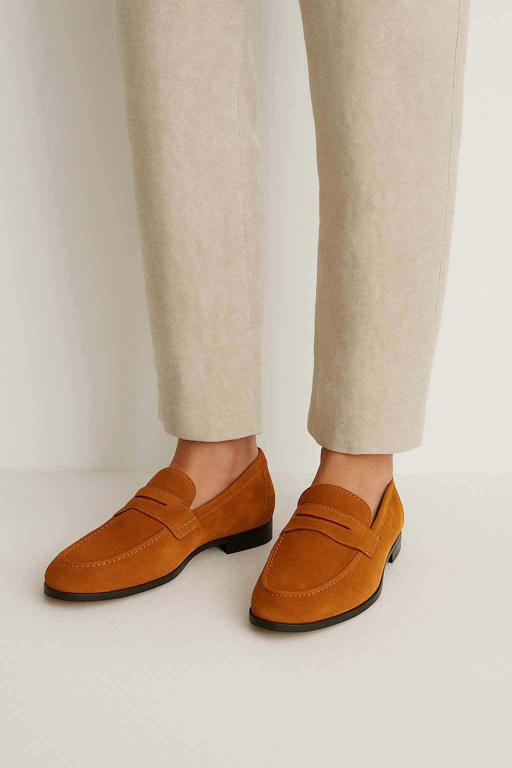 "Eleganter Herren Wildleder-Loafer in Braun, mit flacher Sohle und Penny-Detail, Seitenansicht für stilvolle Auftritte."