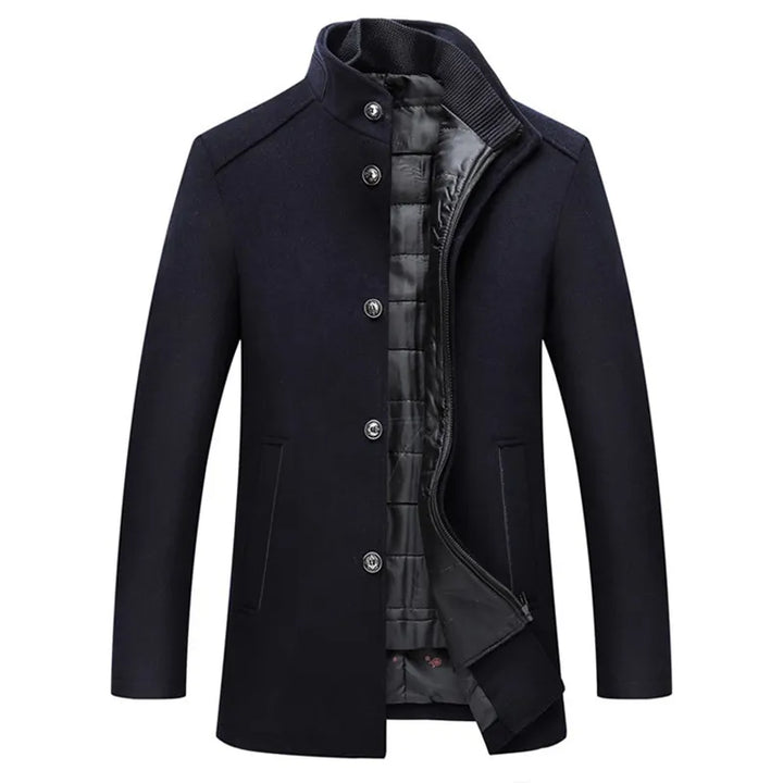 Eleganter Herren Wollmantel mit Stehkragen, Knopfverschluss und schlanker Passform in klassischem Design für Winterkomfort.
