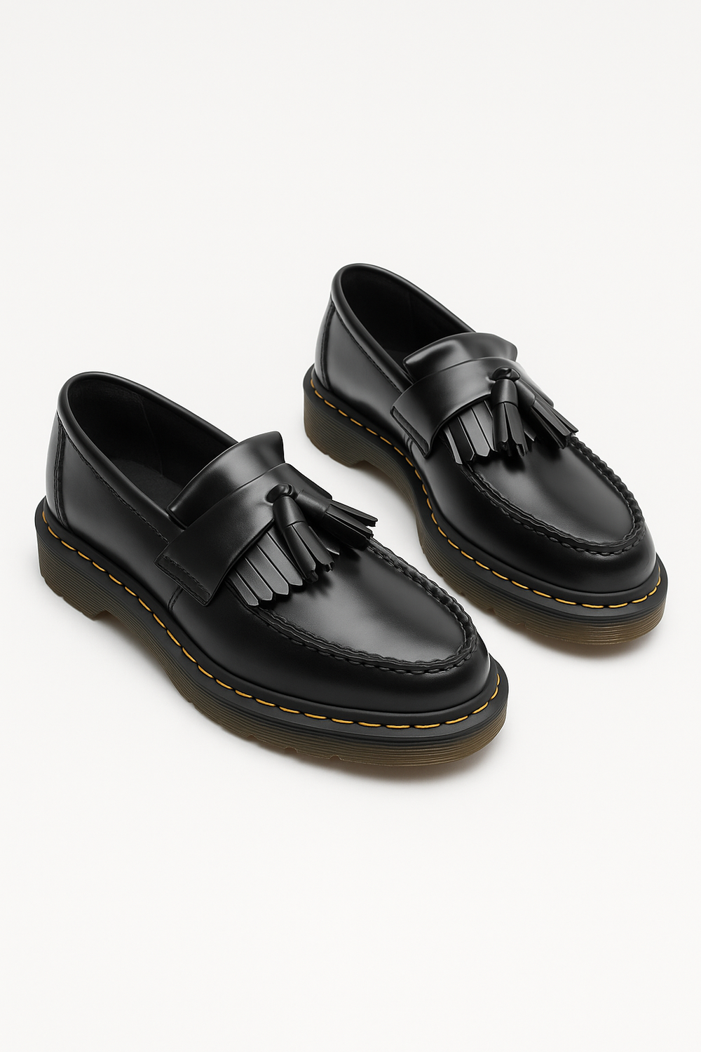 Eleganter Herrenloafer aus glänzendem Leder mit Quasten und Fransen, robuste Sohle mit gelben Kontrastnähten.