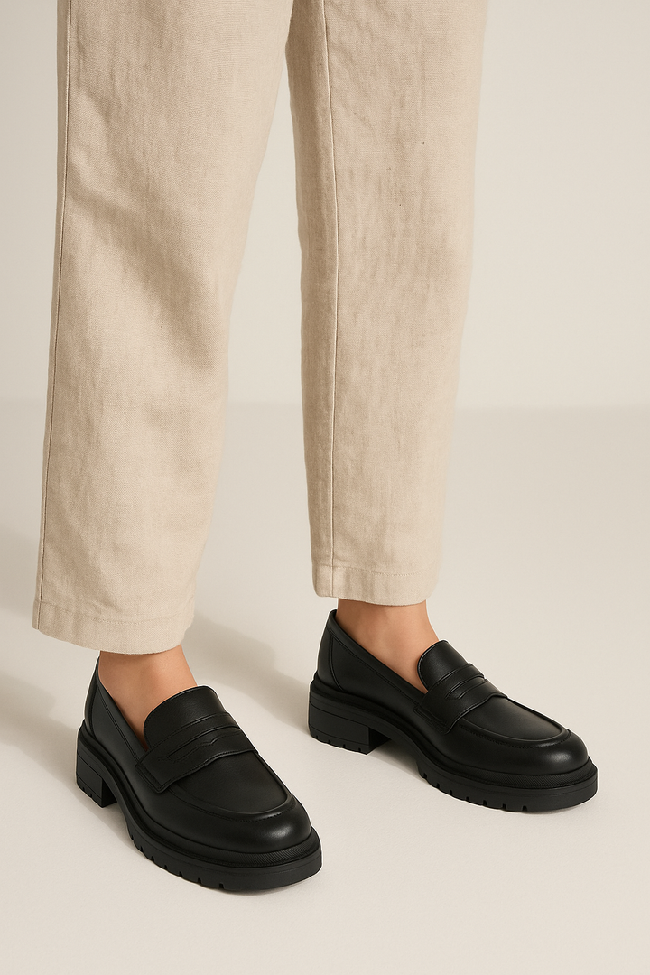 Eleganter Loafer aus glattem PU-Leder mit klobiger Profilsohle, Seitenansicht, klassische Optik für Herrenmode.