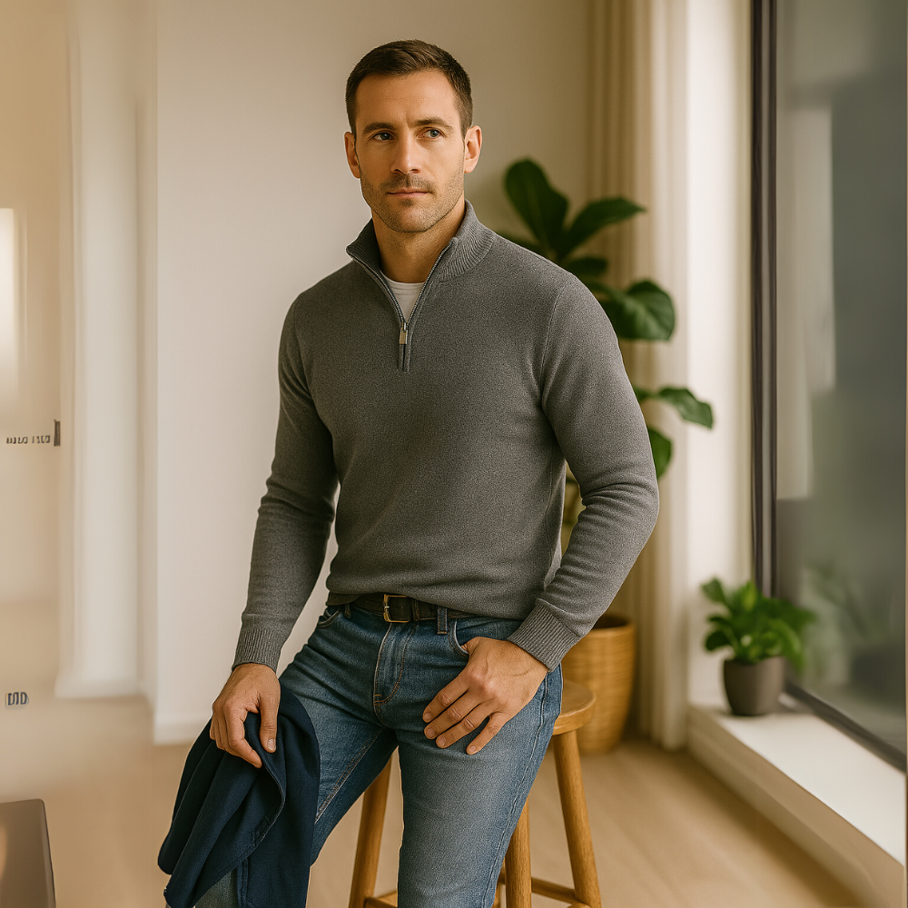 "Eleganter Merino Herrenpullover mit V-Ausschnitt und Reißverschluss, aus atmungsaktiver Merinowolle in stilvollem Design"