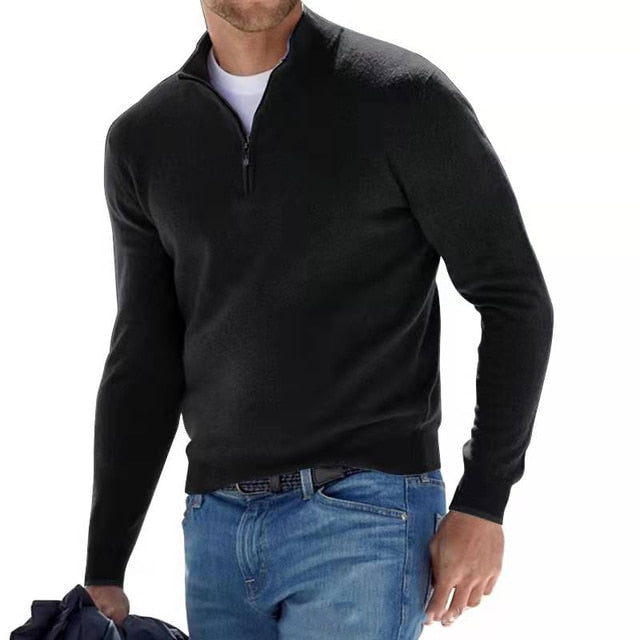 "Eleganter Merino Herrenpullover mit V-Ausschnitt und Reißverschluss, aus atmungsaktiver Merinowolle in stilvollem Design"